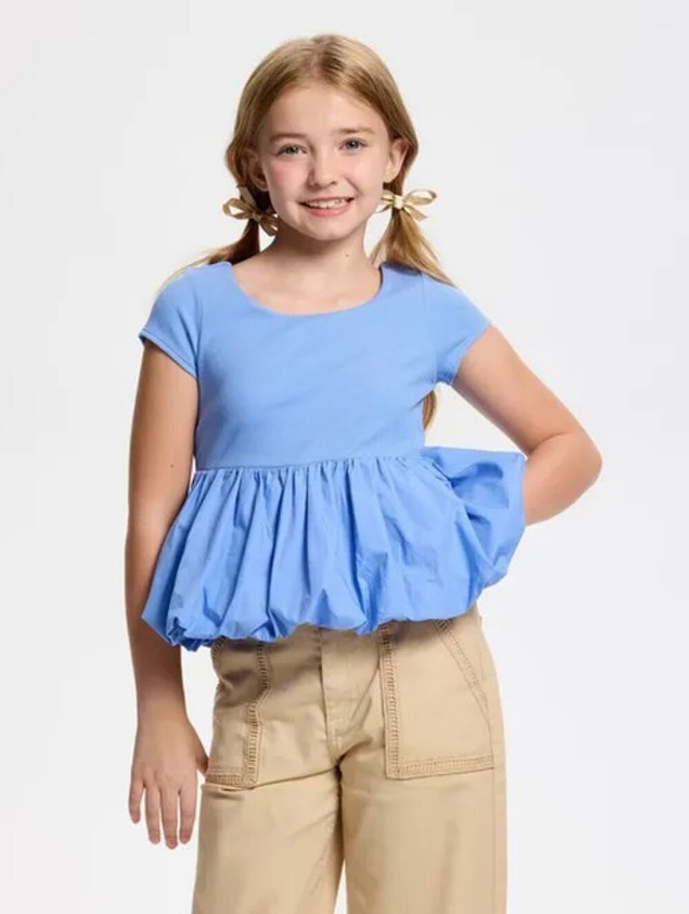 Owillo® Girls' Short Sleeve Knit Bubble Hem Top Peplum Ruffle Blue Periwinkle XL